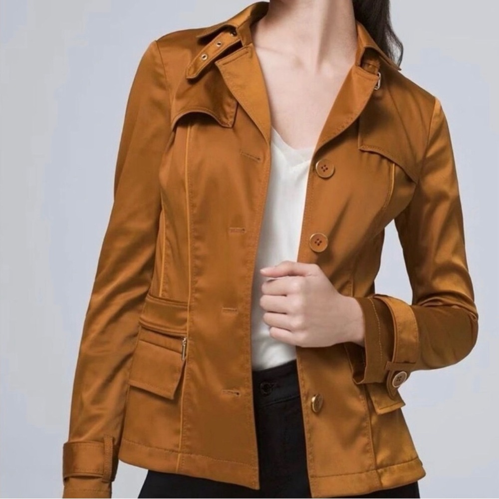 NWT💕 White House Black Market Satin Mini Button Trench Jacket Cognac Size M